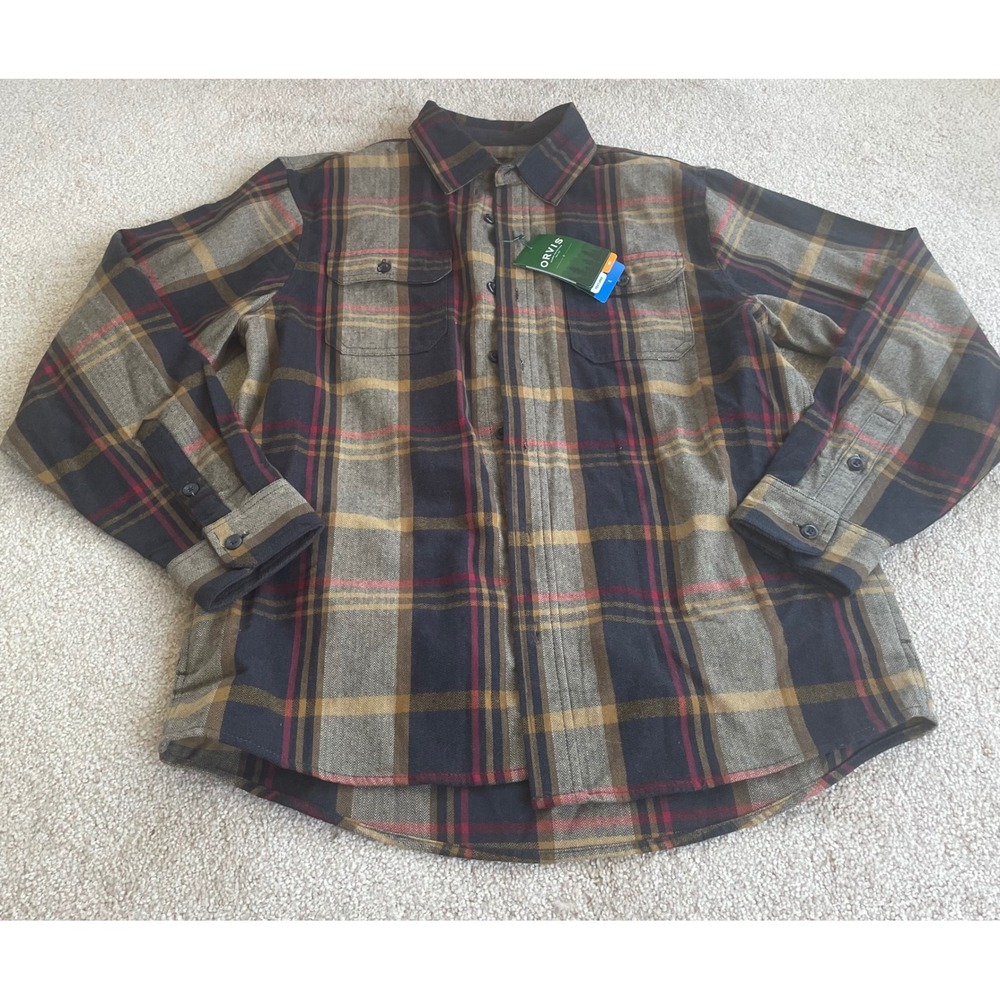 Orvis Mens Adams Plaid Flannel Shirt Long Sleeve Herringbone Navy Tan Red L NWT